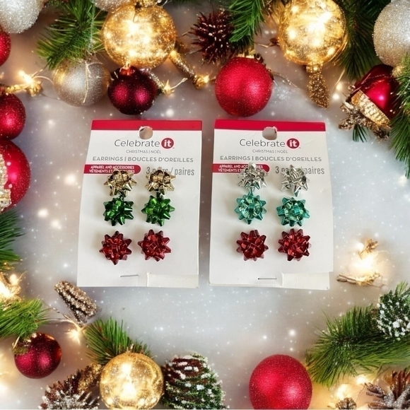 New Christmas Earrings Celebrate It 6-Pairs Xmas Metal Bow Stud Earrings Jewelry - Picture 1 of 5